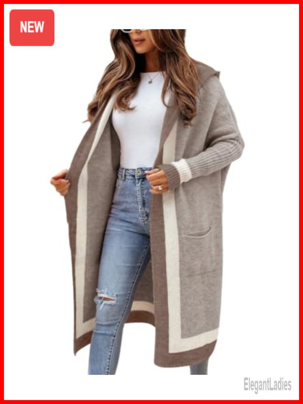 Women's Oversized Knit Cardigan Hooded Open Front Pockets Long Sweater